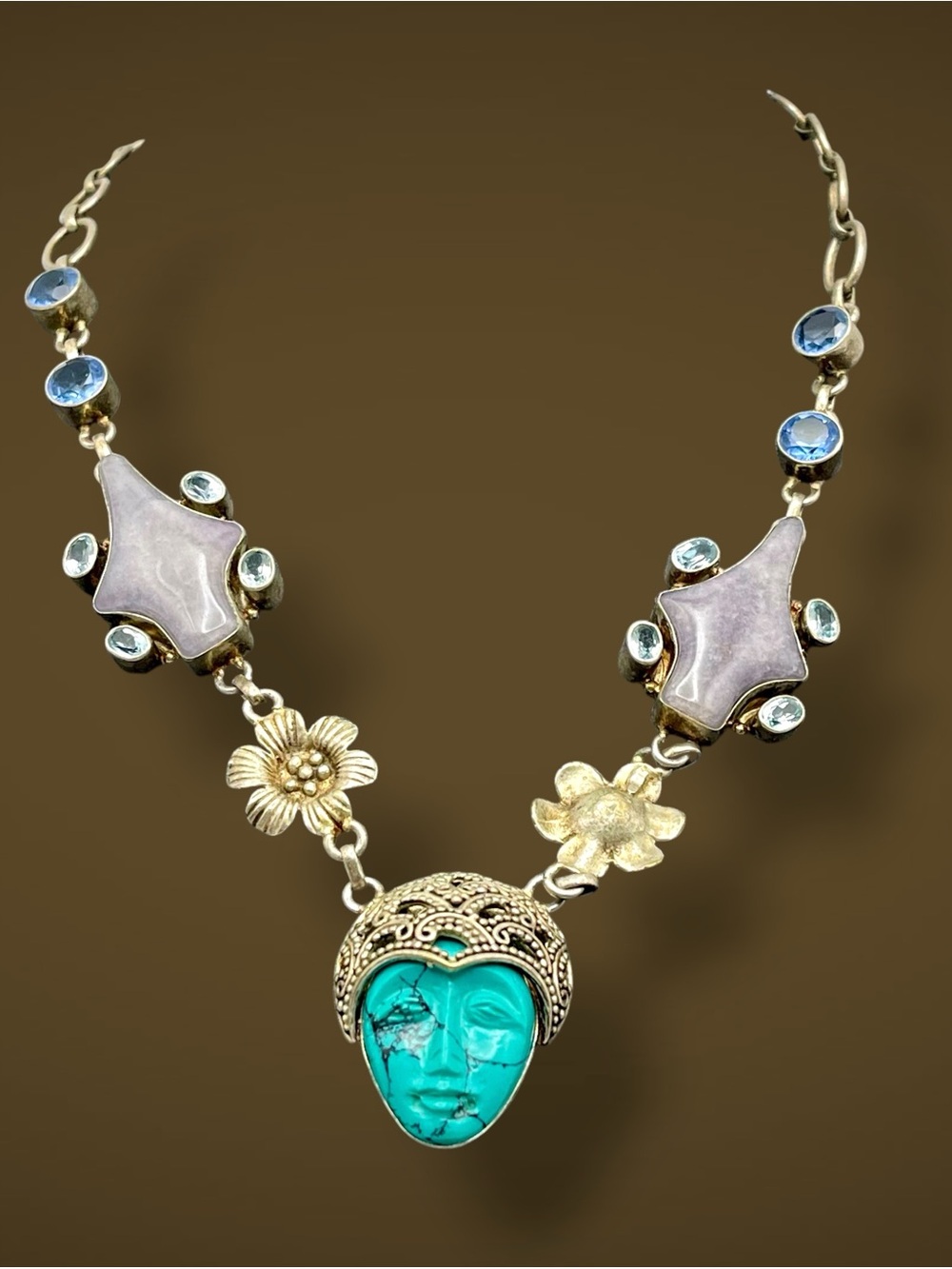 Vintage Sterling Silver Carved Turquoise Goddess Face Necklace Chalcedony Topaz